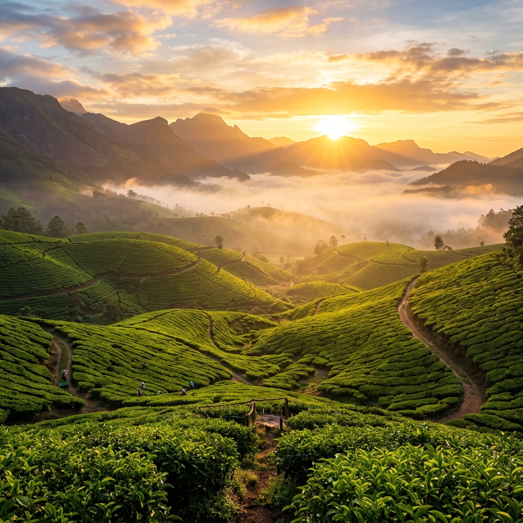 Sunrise over the tea plantations and mountain ranges of Munnar, Kerala