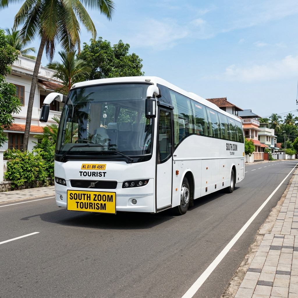 White Tourist Bus coach with yellow South Zoom Tourism board