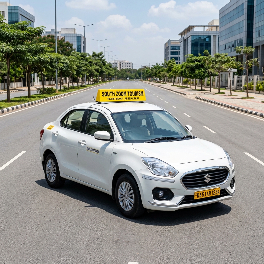 White Sedan tourist cab with yellow South Zoom Tourism board