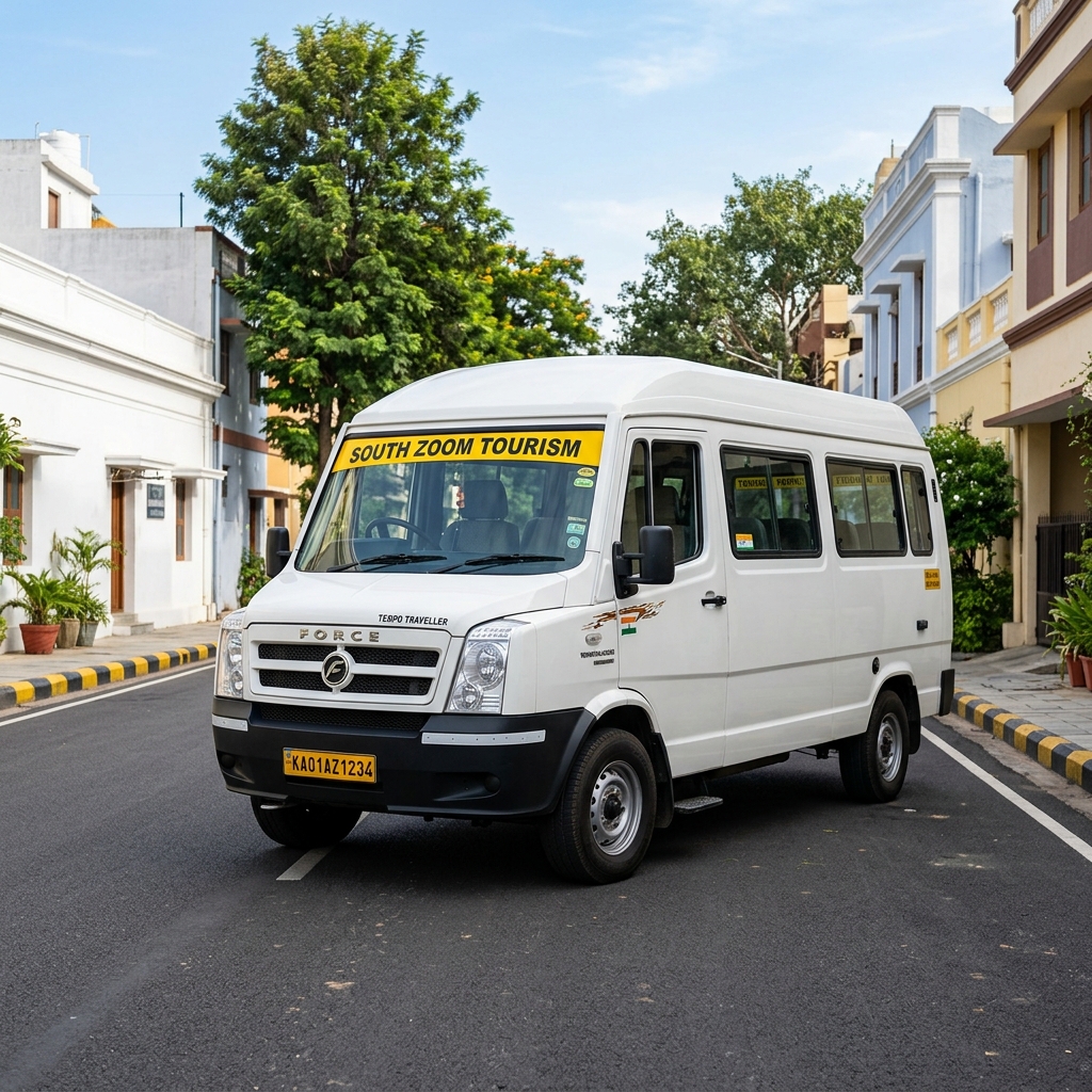 White Tempo Traveller 12-seater with yellow South Zoom Tourism board