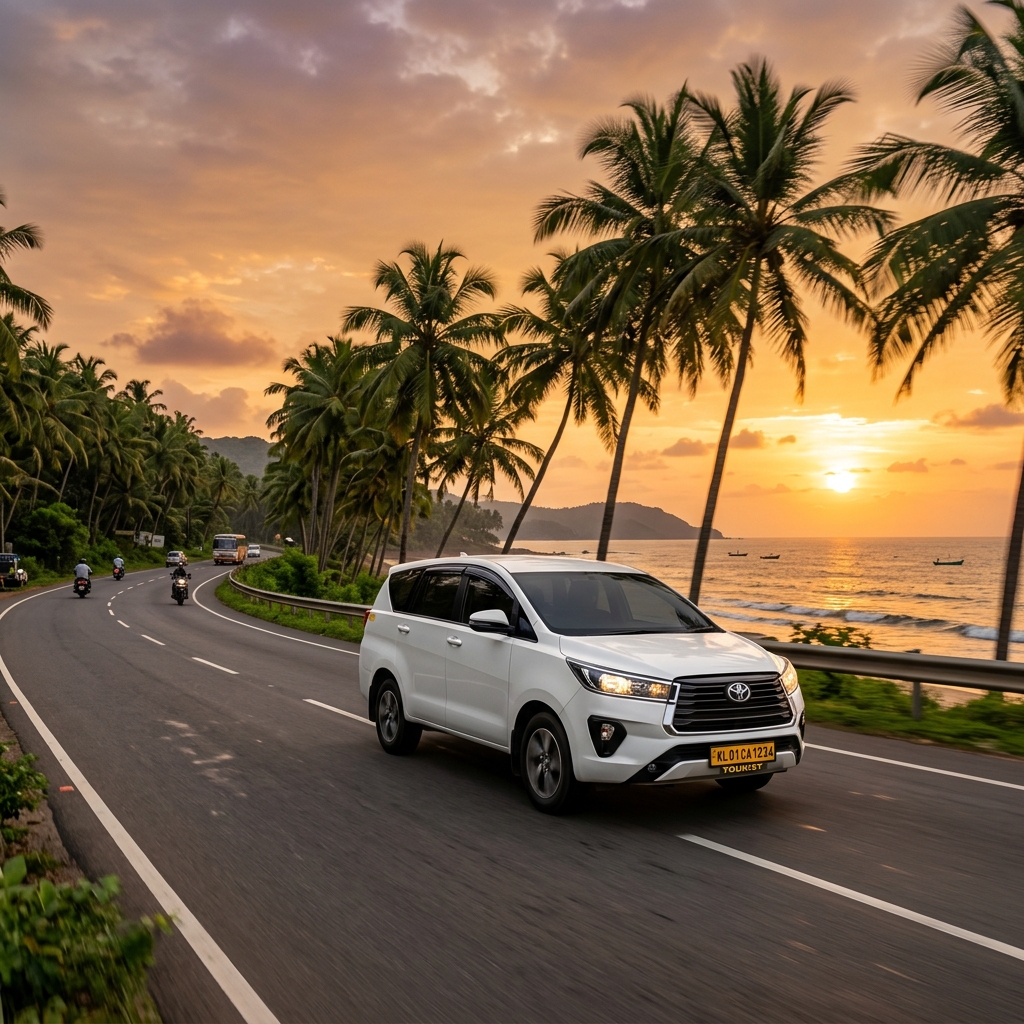White SUV taxi driving on a palm-lined South Indian coastal highway at sunset
