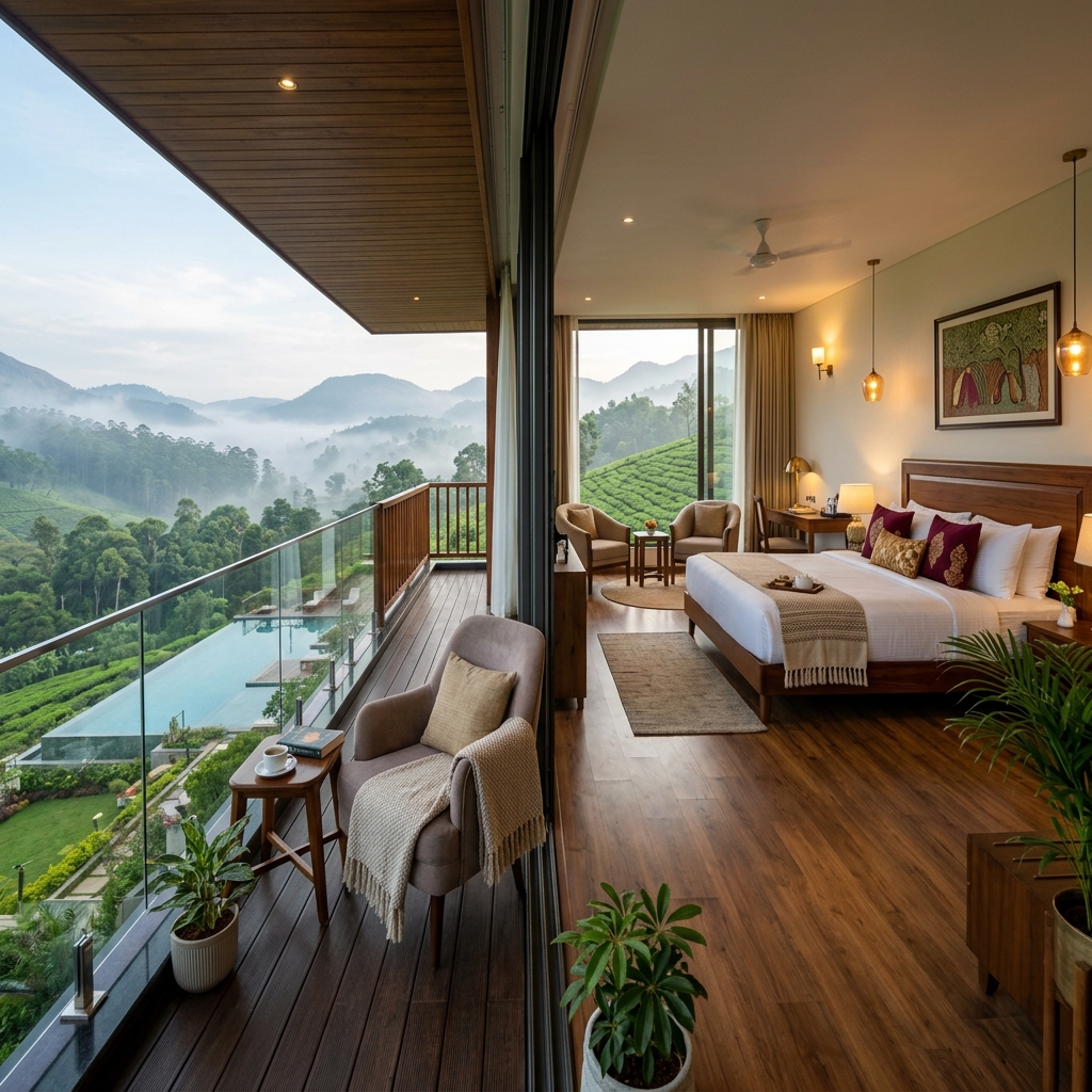 Luxury hotel room with a balcony overlooking green hills