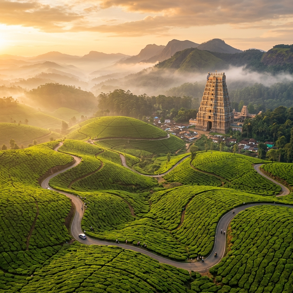 Hill temple beside a winding road surrounded by misty tea plantations