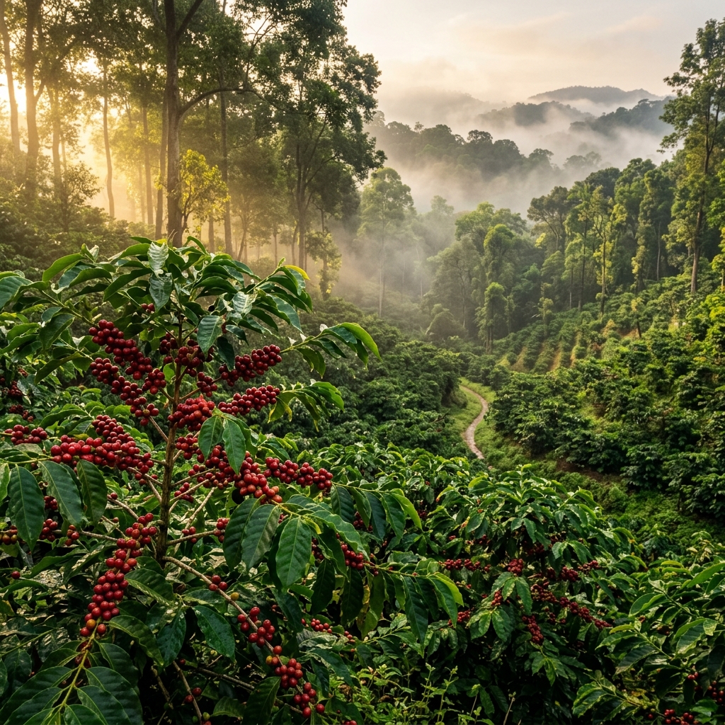 Tea plantations in Munnar with misty hills